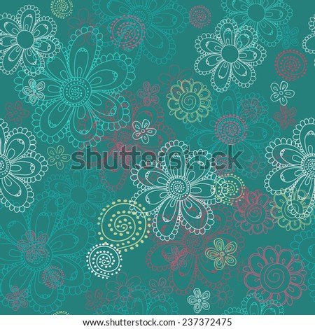 Seamless vector floral pattern of doodle drawn daisies in white and green blue colors, great as a background, wallpaper, textile fashion design