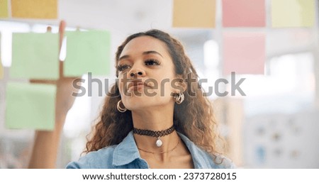 Sticky note, board or face of woman planning project development, startup ideas or entrepreneur objectives. Moodboard, retail sales strategy or person brainstorming process, decision or solution plan