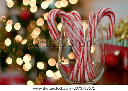Candy canes in a canning jar in front of a Christmas tree Royalty-Free Stock Photo #2373733671