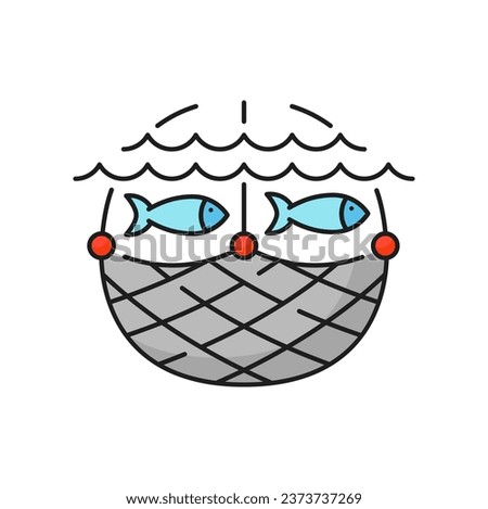 Fishing industry net fishes catch line icon. Seafood production equipment, offshore fishing industry technology thin line vector symbol. Aquaculture manufacture outline sign with trawler, fisher net