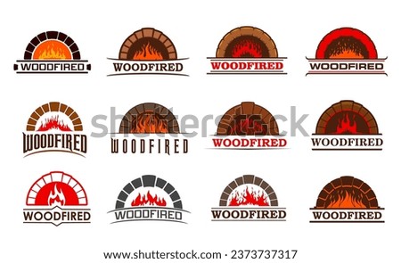 Firewood fireplace, chimney and woodfired hearth vector icons of fire in brick oven. Pizzeria, restaurant or grill bar and bakery woodfired signs of fireplace and firewood with chimney and fire flames Royalty-Free Stock Photo #2373737317