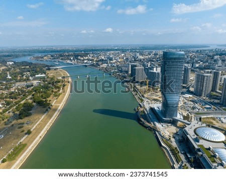 Panoramic view of Belgrade Waterfront, Sava River, Belgrade Tower Royalty-Free Stock Photo #2373741545