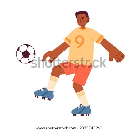 African american footballer semi flat color vector character. Man kicking ball. Sport game. Editable full body person on white. Simple cartoon spot illustration for web graphic design