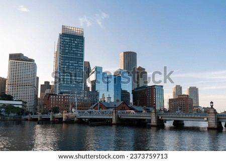 An intellectual, technological and political center. Panoramic city view of Boston Harbour at day time, Massachusetts.