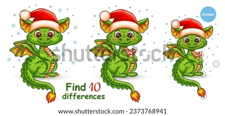 Cute Christmas fantasy dragon or dinosaur, find 10 difference education children puzzle game. Chinese New Year holiday animal. Fairy lizard monster in Santa hat. Search match. Kid logical task. Vector