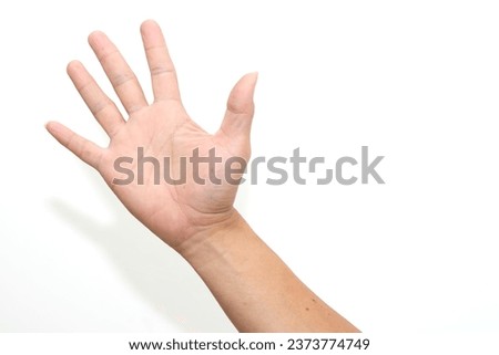 Asian Male's Hand 
with brown skin,
put the number five or bye position. isolated on white background with clipping path