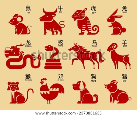 Cute chinese horoscope zodiac set. Collection of animals symbols of year. China New Year mascots  ( translate: rabbit , dragon, snake, tiger, ox, rat, pig, dog, rooster, monkey, goat, horse  )