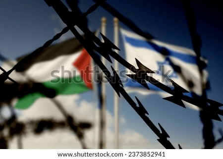 Flags of Israel and Palestine and barbed wire Royalty-Free Stock Photo #2373852941
