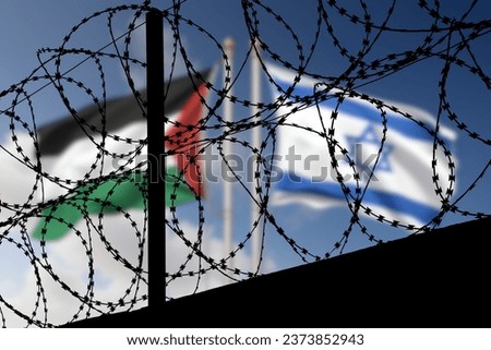 Flags of Israel and Palestine and barbed wire Royalty-Free Stock Photo #2373852943