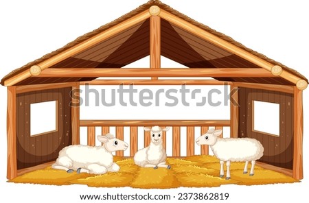 Colorful cartoon illustration of sheeps in a stable