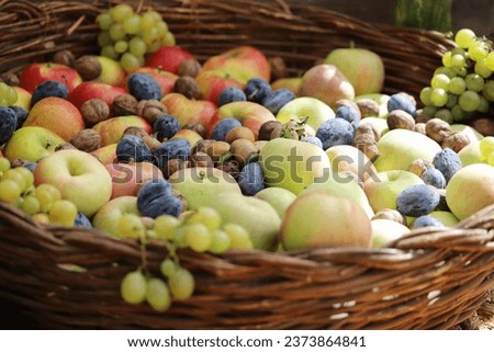 Autumnal concept with a sack full of fresh apples and grapes, outdoor shot