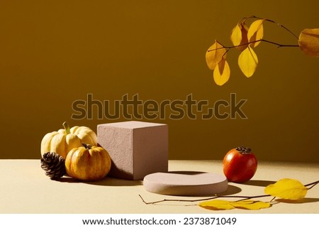 Pedestal for cosmetic product and packaging mockups display presentation, decorated with pumpkins, tomato and yellow leaves on brown background. Scene for advertising with autumn concept