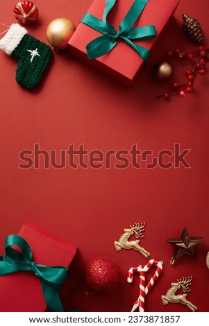 Red background featured a lot of Christmas ornaments. Blank space in the middle for product or text adding. Traditional Christmas greetings include Merry Christmas and Happy Christmas