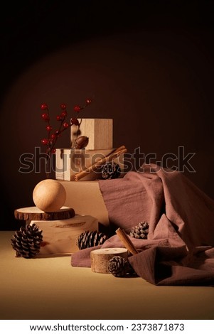 Many wooden pedestals in square and rectangle shaped arranged with some pine cones, cinnamon sticks and pieces of tree. Christmas holiday concept
