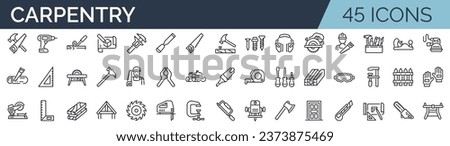 Set of 45 outline icons related to carpentry. Linear icon collection. Editable stroke. Vector illustration Royalty-Free Stock Photo #2373875469