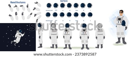 Set of male astronaut design. Character Model sheet. Front, side, back view animated character. astronaut character creation set with various views, poses and gestures. Cartoon style, flat vector isol Royalty-Free Stock Photo #2373892587