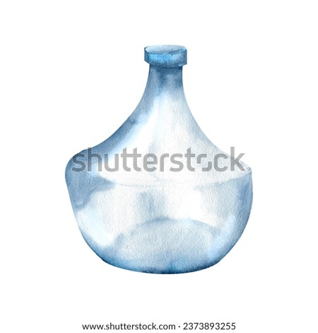 Watercolor blue glass vase. Hand drawn bottle for home design, flowers pot, isolated clip art. Glass jar illustration