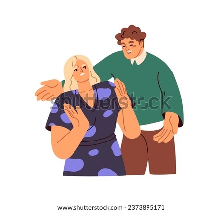 Intrusive man, unwanted hugs, unwelcome awkward touch. Harassment, unrequited love concept. Embarrassed woman hates unpleasant nasty guy. Flat graphic vector illustration isolated on white background Royalty-Free Stock Photo #2373895171