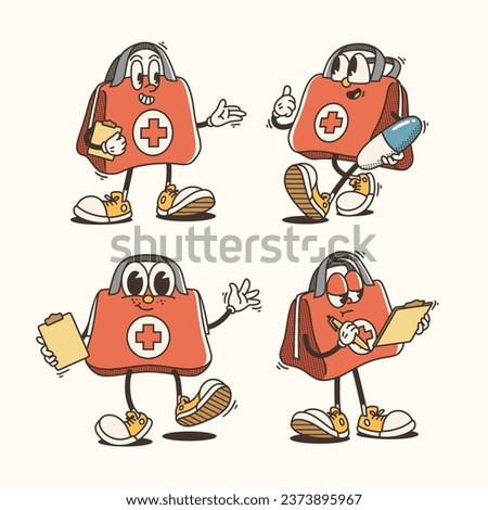 Set of Traditional Medical Bag Cartoon Illustration with Varied Poses and Expressions