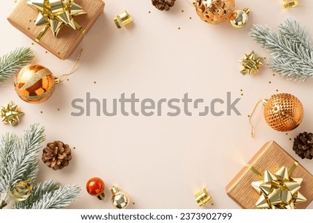 Welcoming Holidays: Top view of present boxes, rich orange and gold tree ornaments, pine cones, serpentine and frosty fir twigs on soft beige backdrop, providing room for your custom message or advert
