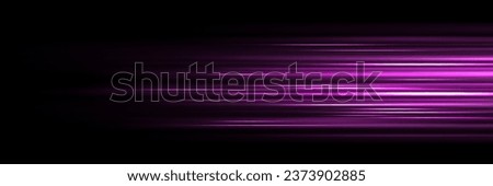 Straight streaks with high speed motion light effect. Purple glowing dynamic trail. Realistic vector illustration of neon energy flare action of fast car movement or race on black background. Royalty-Free Stock Photo #2373902885