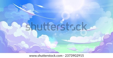 Anime cloud in blue heaven sky vector background. Summer abstract cloudy air design with gradient and sun light with reflection. Beautiful calm morning game outdoor panorama with sunshine painting.