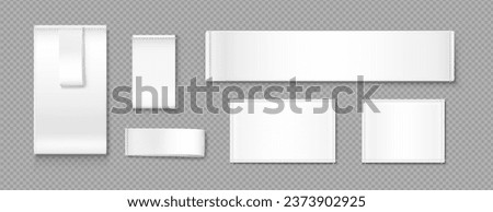 Set of blank cloth tags isolated on transparent background. Vector realistic illustration of rectangular white fabric label mockups with stitches, piece of cotton for size, material, wash information
