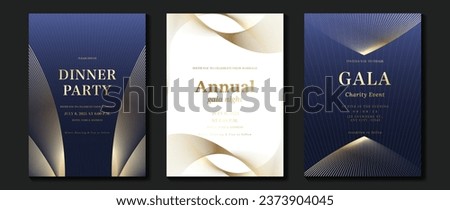 Luxury invitation card background vector. Golden elegant geometric shape, gold lines gradient on blue and white background. Premium design illustration for gala card, grand opening, wedding, cover. Royalty-Free Stock Photo #2373904045