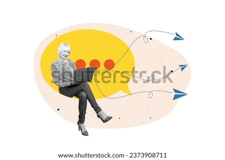 Collage picture of mini black white colors grandfather sit inside dialogue bubble use netbook flying message arrows isolated on creative background