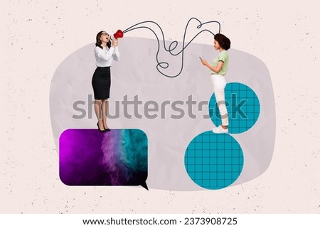 Image collage poster of two people worker boss wear formal clothes speaking toa bullhorn microphone isolated on painted background