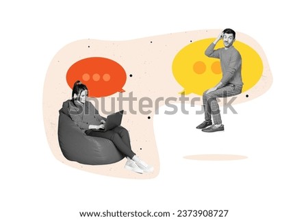 Collage picture of two mini black white colors people sit beanbag use netbook brainstorming scratch head dialogue bubble