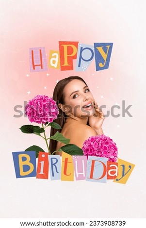 Collage artwork of dreamy charming lady enjoying birthday flowers isolated painting background
