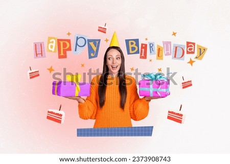 Magazine collage picture of excited funny lady getting birthday presents isolated drawing background