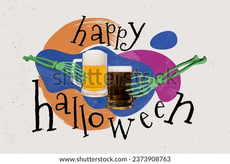 Cartoon sketch collage picture of two weird skeleton arms enjoying halloween beverages isolated creative background