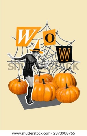 Vertical collage of impressed frightened mini black white colors conjurer girl big pumpkins spider web isolated on creative beige background
