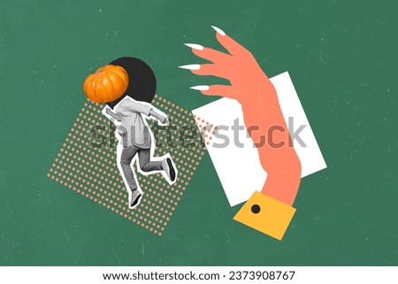 Artwork halloween collage picture of mini black white colors person pumpkin instead head run away huge painted arm isolated on green background