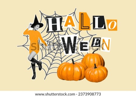 Creative collage of positive black white colors enchant girl dancing enjoy halloween party pumpkins spider web isolated on beige background