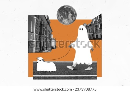 Composite creative 3d photo illustration collage of funny ghost walking outdoors with his dog in town isolated on drawing background