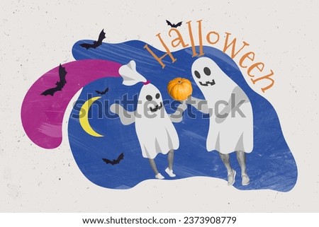 Creative artwork graphics collage painting of two funny ghost celebrating halloween night isolated drawing background