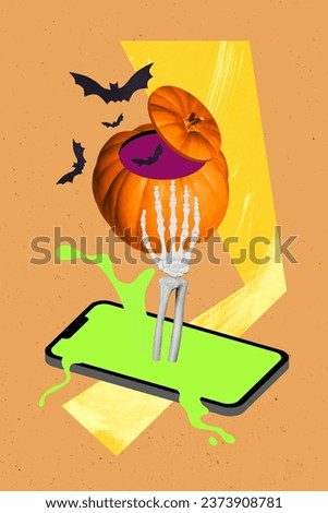 Collage 3d image of skeleton arm growing gadget preparing halloween pumpkin spell isolated painting background