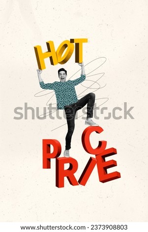 Photo collage artwork minimal picture of funny impressed guy rising hot price announcement isolated beige color background