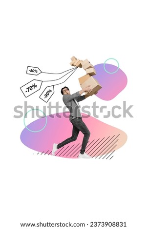 Vertical collage picture of impressed crazy guy arms hold pile stack carton boxes balancing huge sale deal isolated on white background