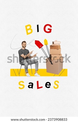 Vertical collage of happy guy sit chair indicate fingers big pile stack boxes sales proposition isolated on creative white background