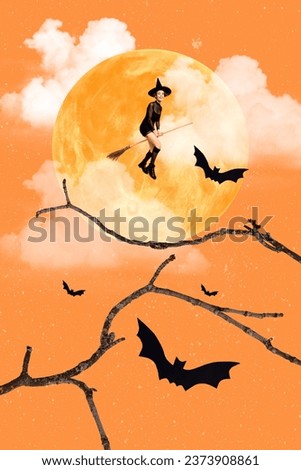 Collage photo artwork halloween holiday celebrate young funky girl flying stick witch midnight magic sorcery isolated on moon background