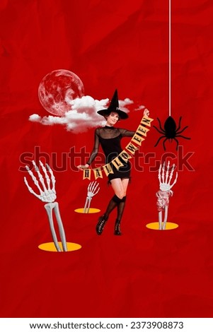Exclusive magazine picture sketch collage image of funny wizard hanging halloween decorations isolated red color background
