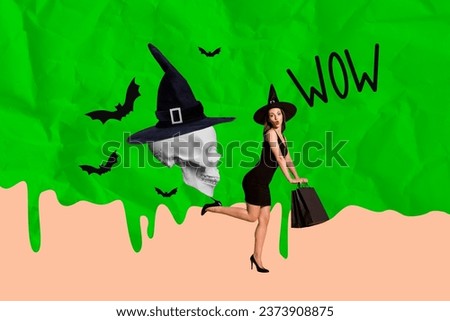 3d retro abstract creative artwork template collage of attractive young hot witch hold shopping bag amazed big skull head hat costume sales