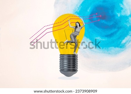 Collage picture of happy cheerful girl dancing celebrating achievement huge lamp bulb isolated on creative background
