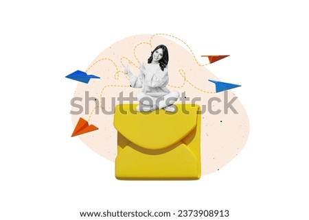 Artwork collage picture of happy girl sending writing email letter showing paper plane isolated on white color background