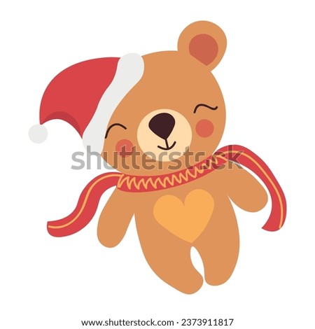 Cute bear in Santa hat and scarf on white background