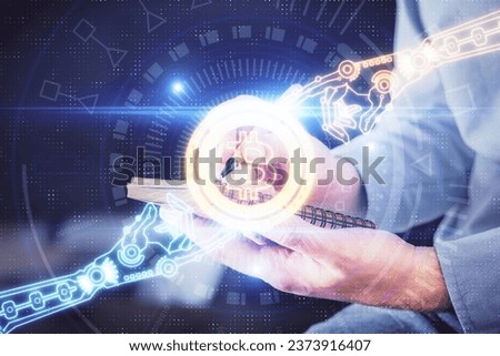 Man's hands working with notes background. Cryptocurrency and finance concept. Double exposure.